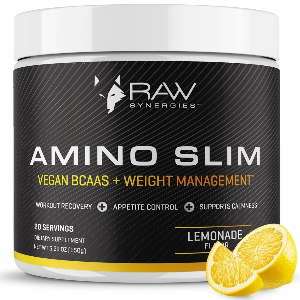 RAW Synergies Amino Slim - Ενεργό συμπλήρωμα ζωής για τη μεταβολική και νοητική διατροφή Υποστήριξη - μυών & ενέργειας Υποστήριξη - Ζάχαρη χωρίς & Vegan - Λεμονάδα - 20 εξυπηρετούν