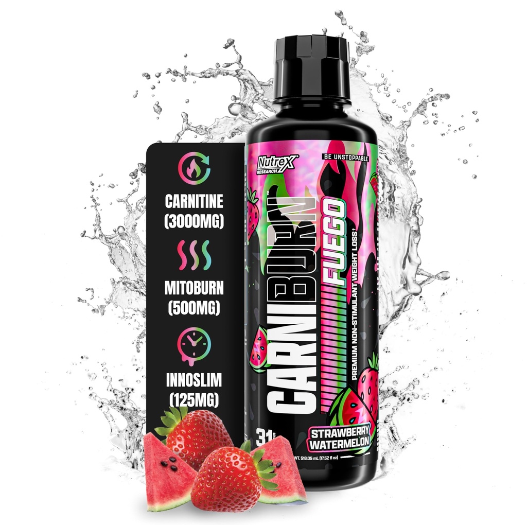 Nutrex Research Carniburn Liquid L Carnitine 3000mg – Θερμογόνος Υγρός Πάχος Burner για άνδρες & γυναίκες με MitoBurn, InnoSlim, GBBGO - Ενισχυτής Ελεύθερου Μεταβολισμού - Καρπούζι Φράουλα 31 SV