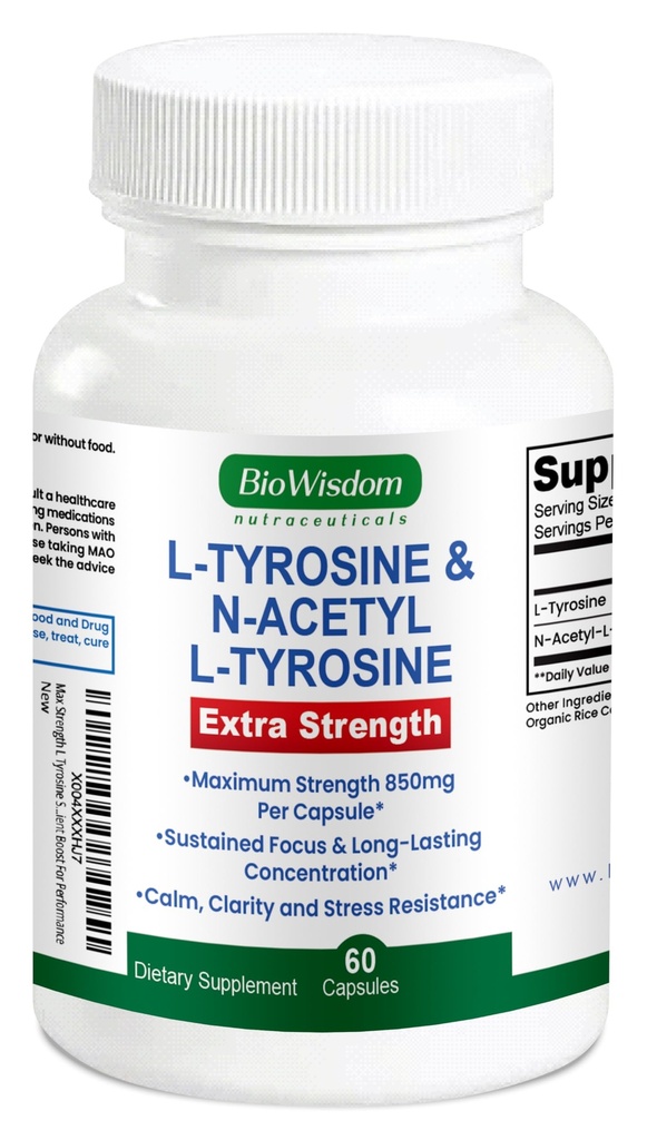 Max Strength L Tyrosine Supplement & N Acetyl L Tyrosine Peak Focus, Alertness, Concentration, Body & Mind Energy. L-Tyrosine 850mg Per 1 Capsule. A Well-Being Nutrient Boost For Performance