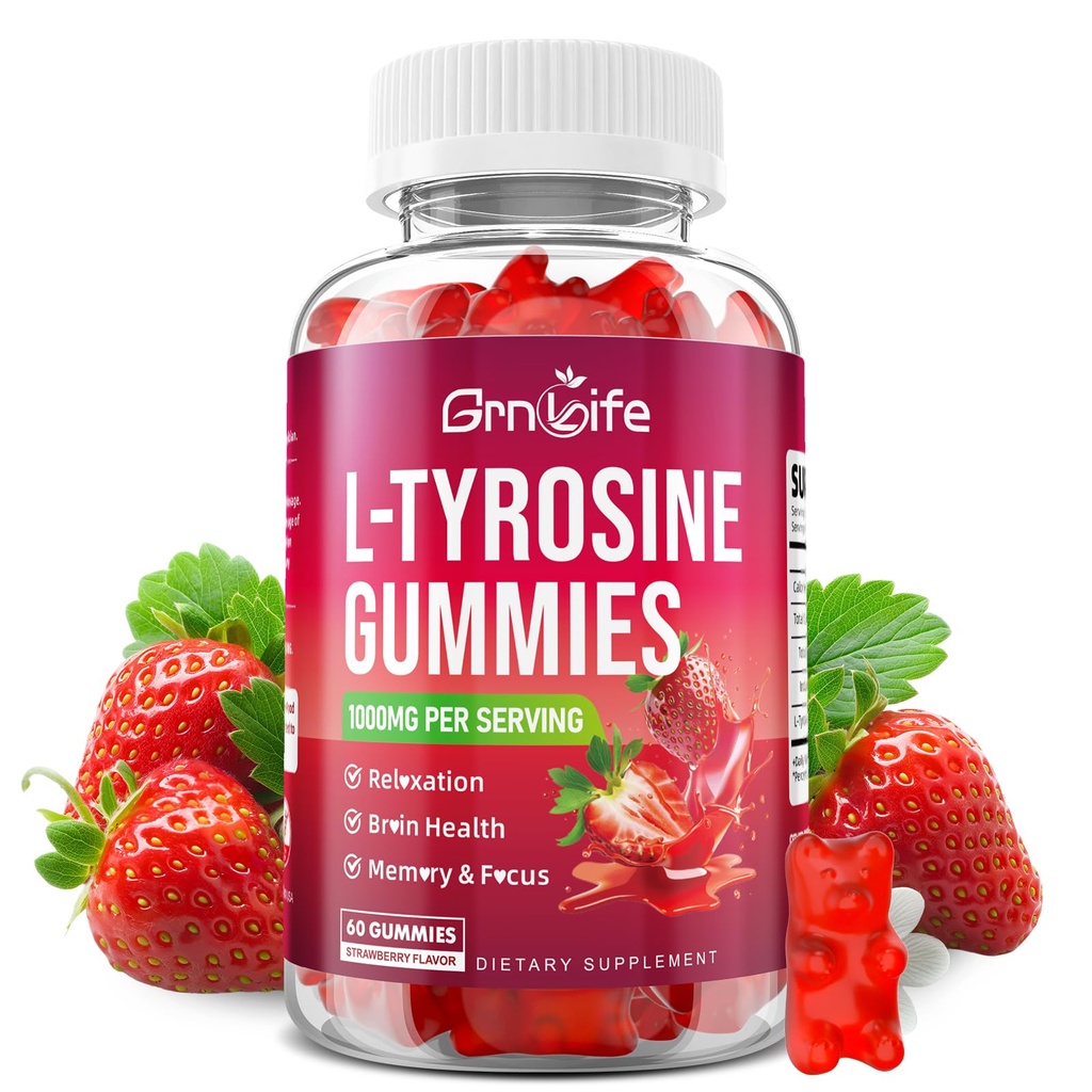 L Tyrosine Gummies 1000mg, Sugar-Free L-Tyrosine Supplement for Kids & Adults, Focus Gummies for Energy & Memory Support, Strawberry Flavor, 60 Count