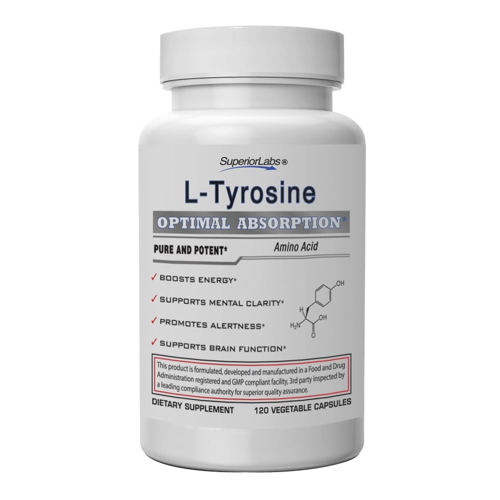 Superior Labs L-Tyrosine 500 mg, Pure Non-GMO Nootropic Amino Acid, High Absorption, Mood & Focus Support, Stress Relief, Cognitive & Mental Clarity, Thyroid & Alertness Support,120 Veg Caps