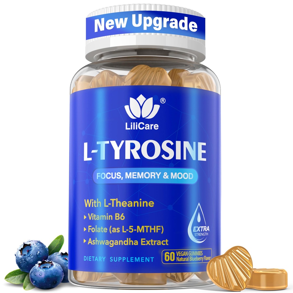 L Tyrosine Focus Supplement Gummies 1100mg for Adults, Brain Supplements for Memory and Focus, L-Tyrosine Gummies with Ashwagandha, I-Theanine for Calm & Mood - Vitamin B6 & B9 for Energy-Vegan, 60ct