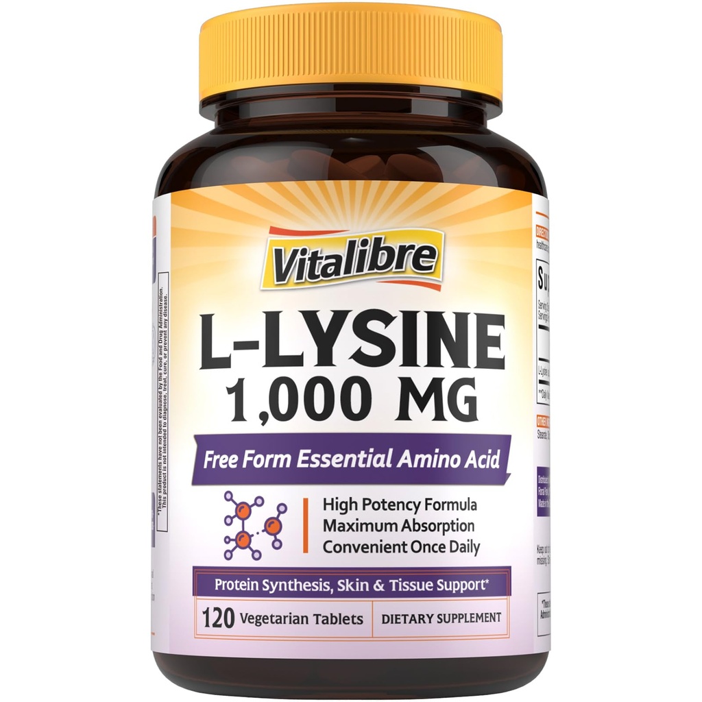 Vitalibre L- Lysine 1000 mg, L- Lysine HCl υψηλής ισχύος, Free Form Essential Amino Acid, Protein & Collagen Synthesis, Immune Support, Maximum Abvorvation, Vegan, 120 Tablets