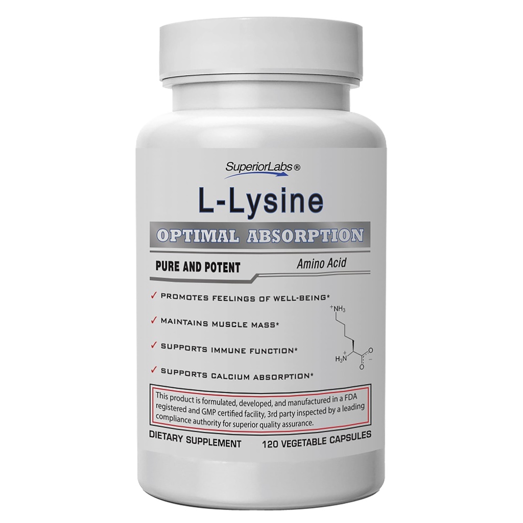 Superior Labs L-Lysine 500 mg Κάψουλες, Αμιγής Μη- ΓΤΟ, Τριτοταγείς Δοκιμασμένοι, Χωρίς πληρωτικά, Χωρίς Γλουτένη, Υποστηρίζει ανοσοποιητικό σύστημα, Προάγει Απορρόφηση Ασβεστίου, 120 Caps