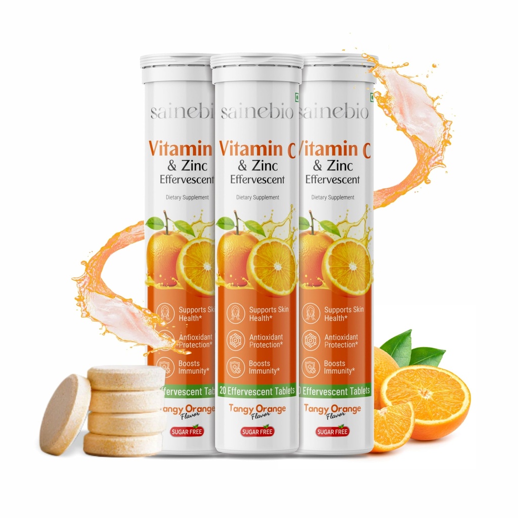 Vitamin C 1000mg & Zinc 10 mg Effervescent Tablets – Immune Support Supplement with Tangy Orange Flavor – Boost Immunity, Energy & Antioxidant Protection – 60 Effervescent Tablets - Pack Of 3