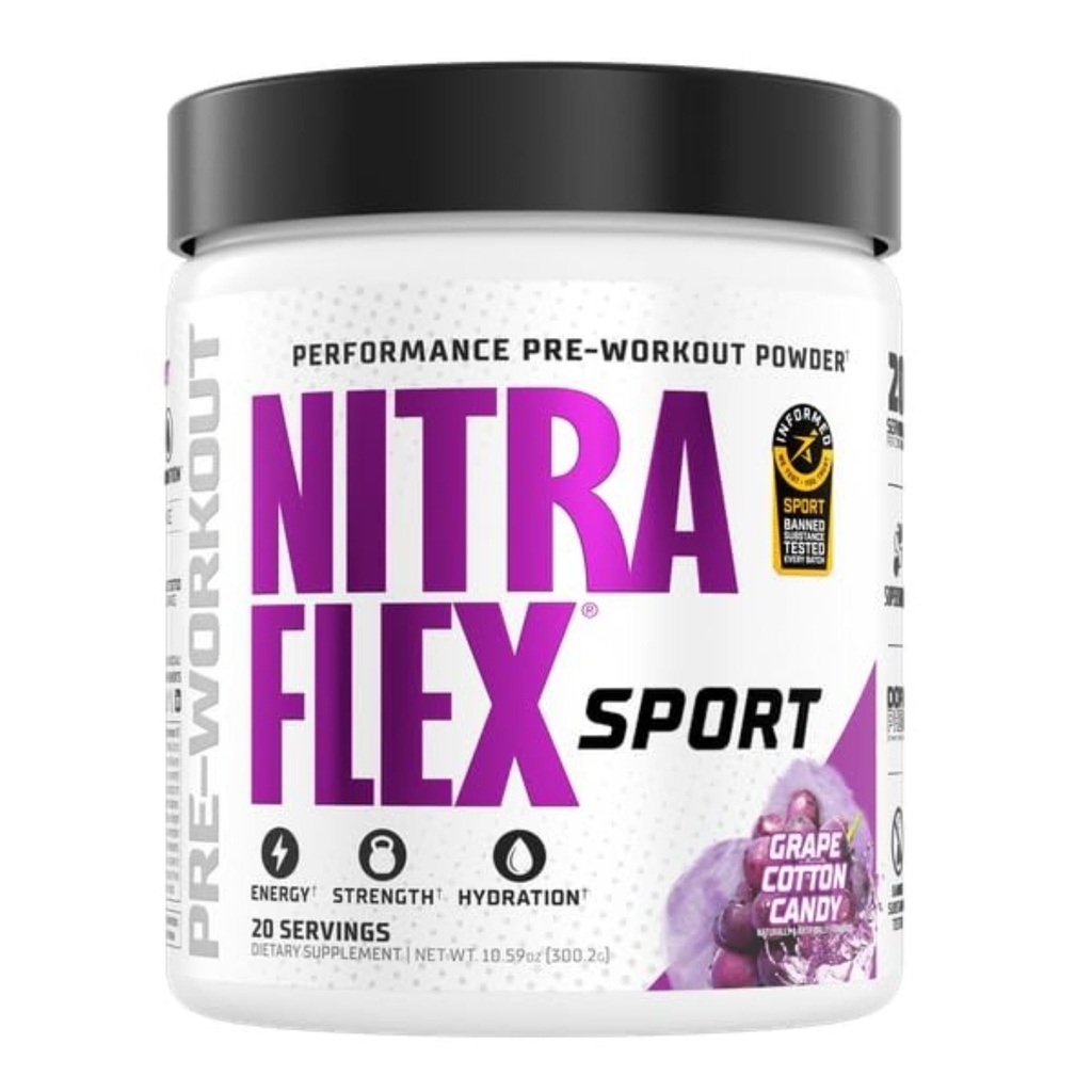 Nitraflex Sport Grape Cotton Candy Pre-Workout Powder, Banned Substance Tested, Κιτρουλίνη, Betaine, Electrolytes, Hydration, Boron, for Men & Women, 20 Services