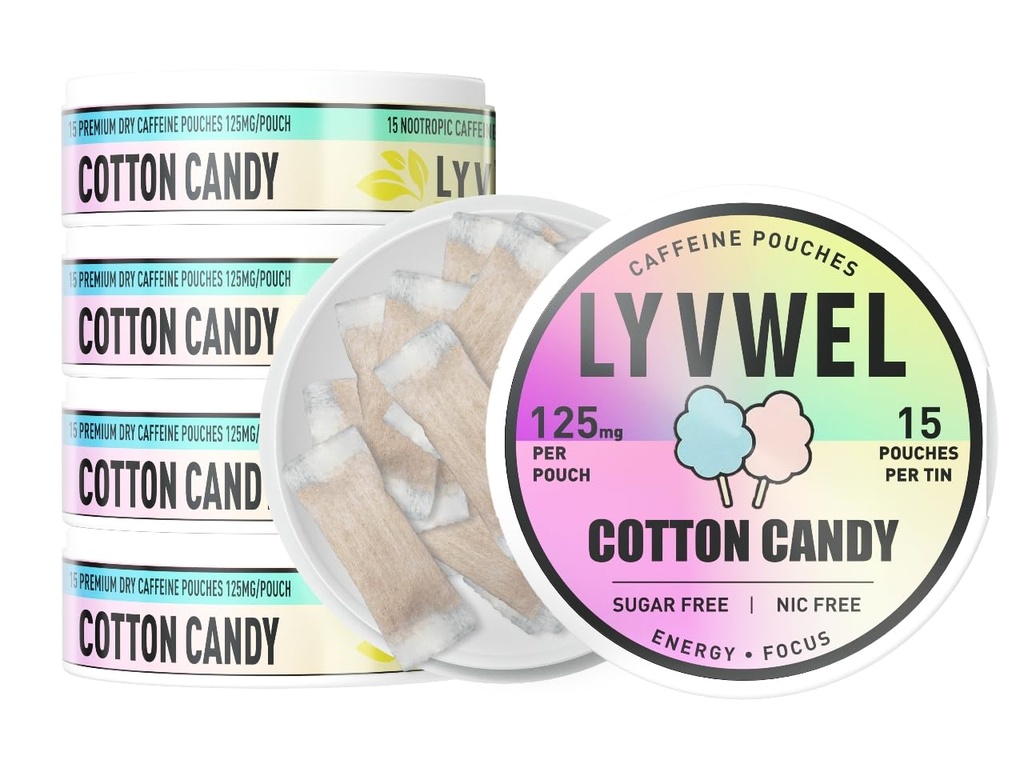 LyvWel 125mg Caffeine Energy Pouches – Καθαρή ενέργεια με Guarana για Focus & Stamina – 5-Pack (75 Total Pouches) (5 Pack, Cotton Candy)