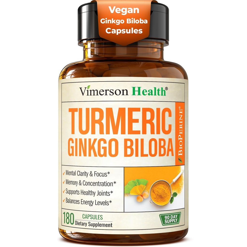 Συμπλήρωμα Ginkgo Biloba με κουρκουμίνη και μαύρο πιπέρι για υψηλή απορρόφηση - κάψουλες Ginko Biloba με Curcuma για εστίαση, υποστήριξη μνήμης, κοινή & εγκεφαλική υγεία - NonGMO - 180 κάψουλες Vegan