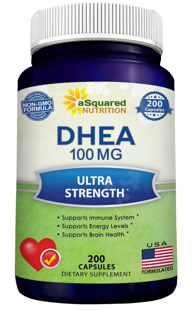 DHEA 100mg Supplement – 200 Capsules – High Potency Dehydroepiandrosterone for Men and Women – Max Strength Pills for Brain Health, Energy, and Immune Function – Formulated in USA, Third-Party Tested