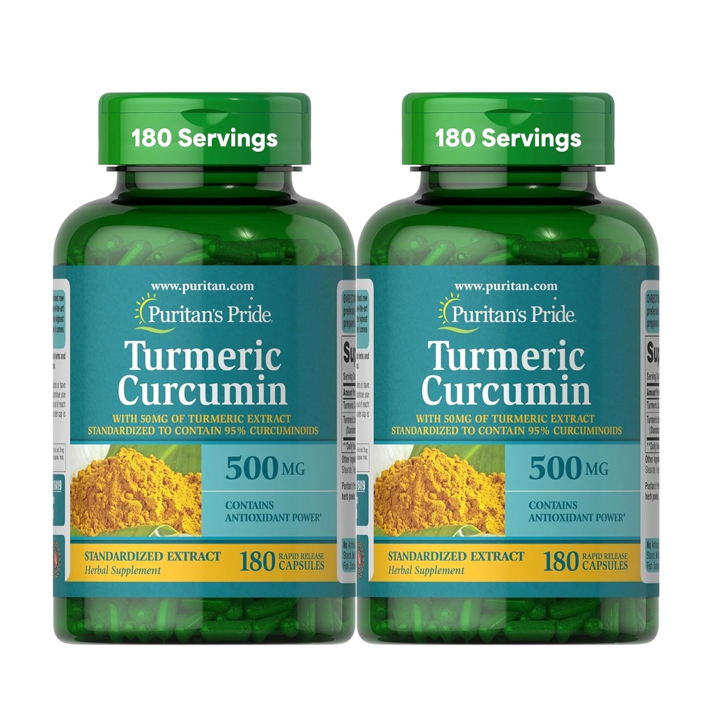 Puritan's Pride Turmeric Curcumin 500mg, Standarized to 95% Cucuminoids, φυτικό συμπλήρωμα διατροφής για την Αντιοξειδωτική Υγεία, 180 Radpid καψάκια απελευθέρωσης, Συσκευασία των 2