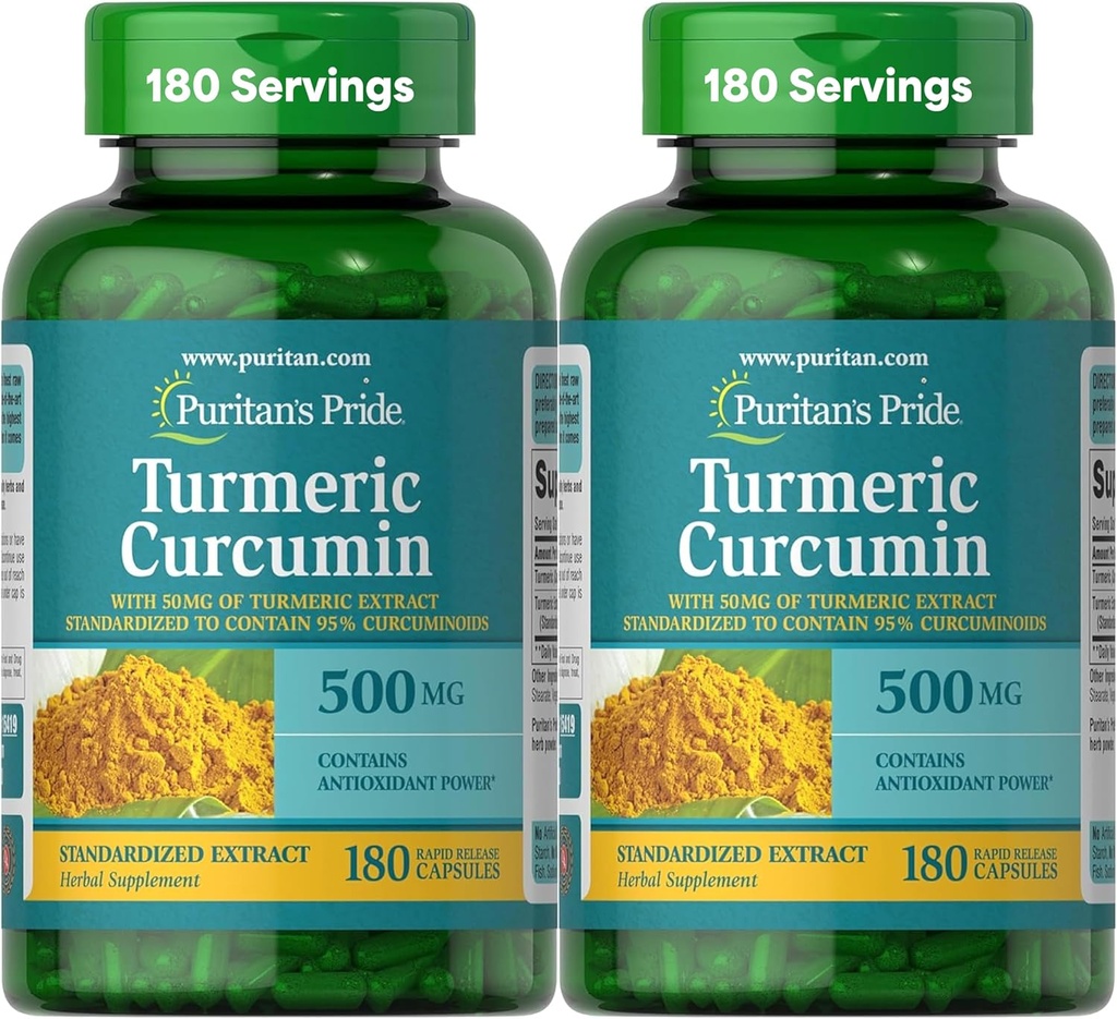 Puritan's Pride Turmeric Curcumin 500mg, Standarized to 95% Cucuminoids, φυτικό συμπλήρωμα διατροφής για την Αντιοξειδωτική Υγεία, 180 Radpid καψάκια απελευθέρωσης, Συσκευασία των 2