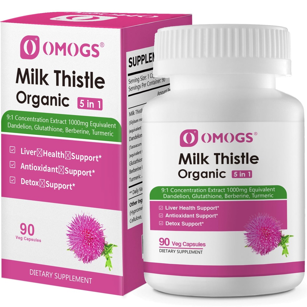 OMOGS Organic Milk Thistle, φυτικό συμπλήρωμα για το γάλα υποστήριξης ήπατος, με Dandelion Root, Glutathionone, Berberine HCL & Turmeric, Liver Cleanse Detox & Repair, 90 κάψουλες