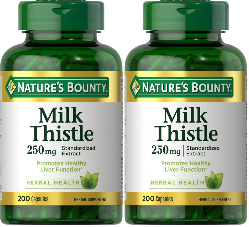 Nature's Bounty Milk Thistle Capsules, Traditionally Used for Liver Health, Herbal Supplement, 250 mg per Serving, 200 Count (Pack of 2)