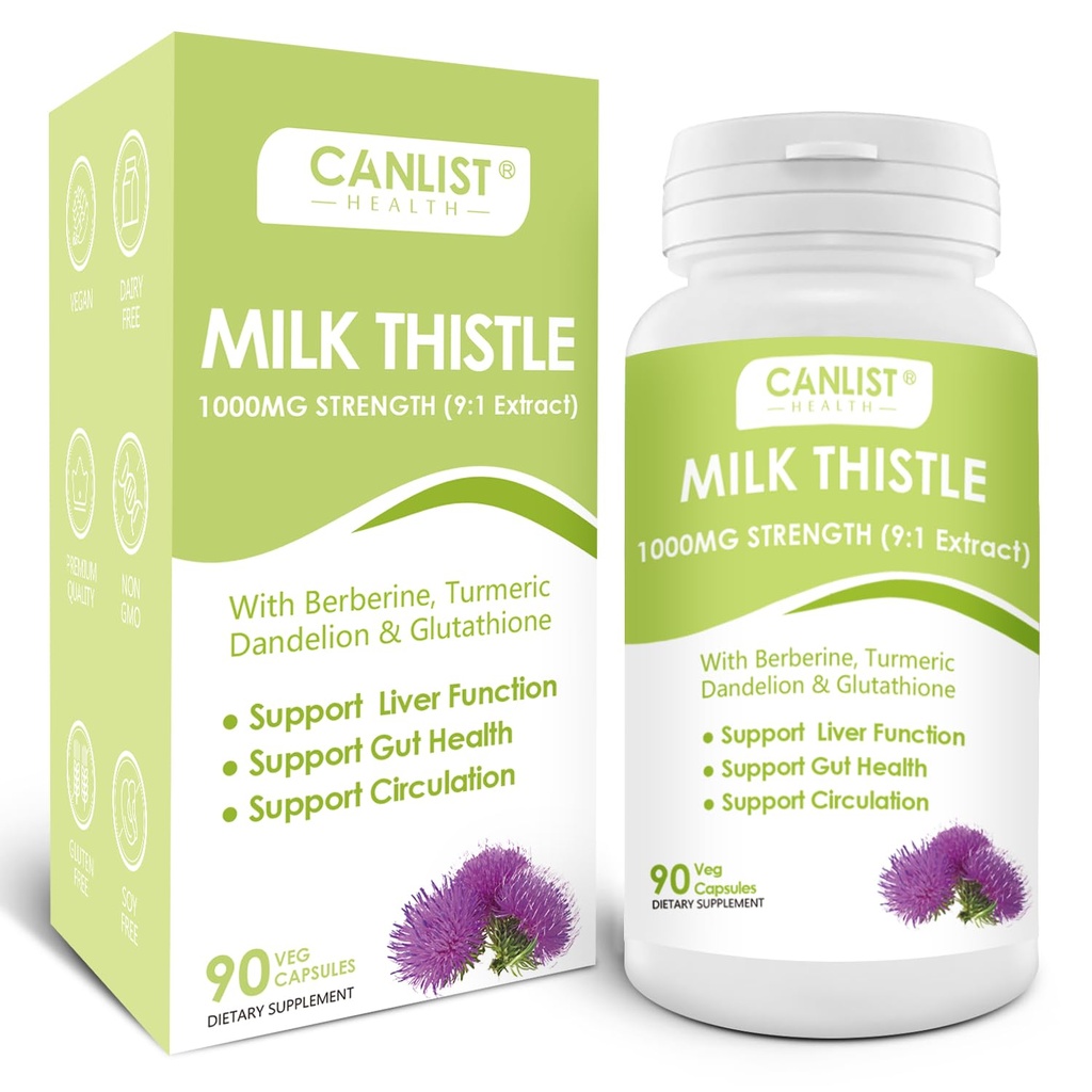 CANLIST κάψουλες γάλακτος γαϊδουράγκαθο 1000mg, ισχυρό 9:1 εκχύλισμα, υποστήριξη της υγείας του ήπατος, Detox & Cleanse, Αντιοξειδωτικό & Gut Υγεία, μη-GMO, χωρίς γλουτένη, 90 κάψουλες