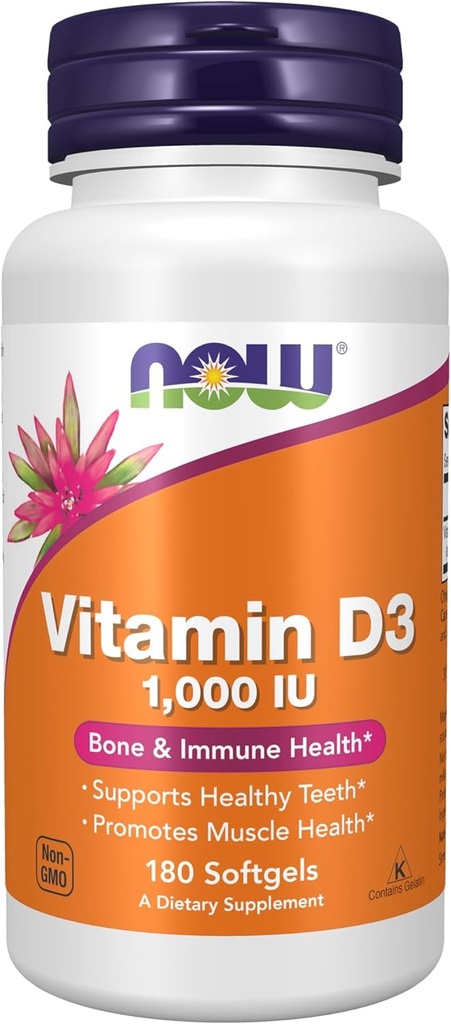 NOW Τρόφιμα, βιταμίνη D-3, υψηλή ισχύς, 1.000 IU, 180 Softgels