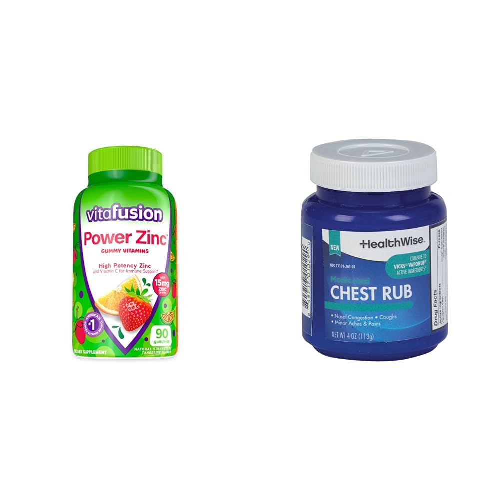 Vitafusion Power Zinc Gummy Βιταμίνες, Φράουλα Tangerine Γεύση Ανοσοποιητική Υποστήριξη (1), 90 Count & HealthWise Medicated Chest Rub, 4 oz