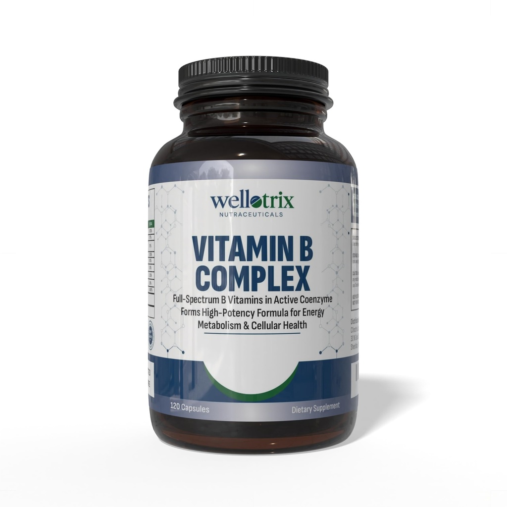 Wellotrix Advanced B-Complex – Full Spectrum of 8 Essential B Vitamins (B1, B2, B3, B5, B6, B7, B9, B12) in Active Coenzyme Forms – Supports Energy Metabolism & Cellular Health – 120 Capsules