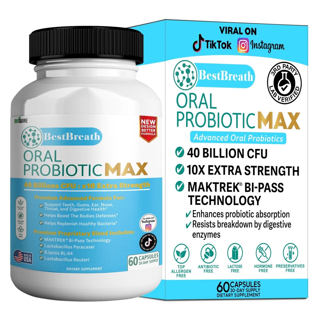 BestBreath Probiotic MAX - 40 δισεκατομμύρια CFU - Υποστήριξη για τα δόντια, τσίχλες, αυτί, μύτη, λαρύγγι & Digestive υγεία - 60 κάψουλες (1)