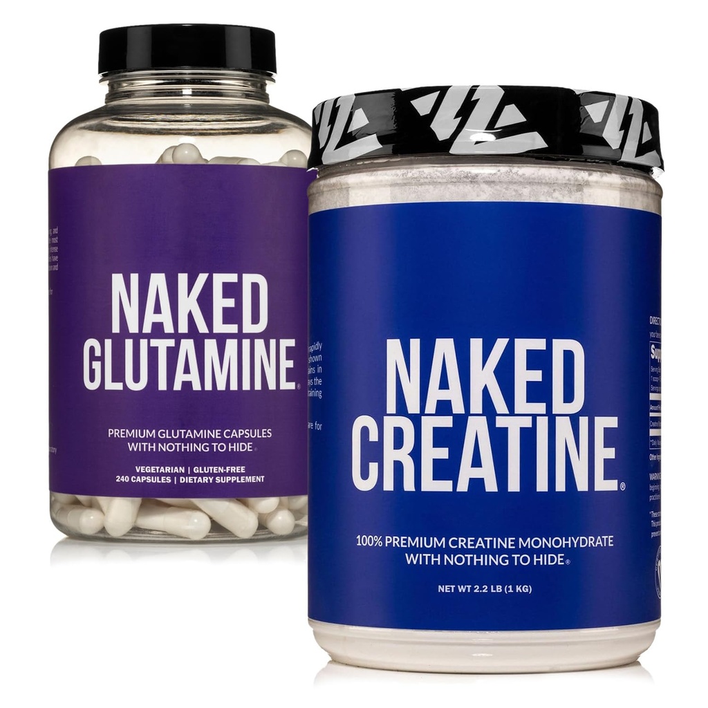 NAKED Pure Micronized Creatine Monohydrate 200 Μερίδες + Pure L-Glutamine 240 Κάψουλες Δέσμη: Vegan, Μη ΓΤΟ, Χωρίς Γλουτένη. Τίποτα τεχνητό