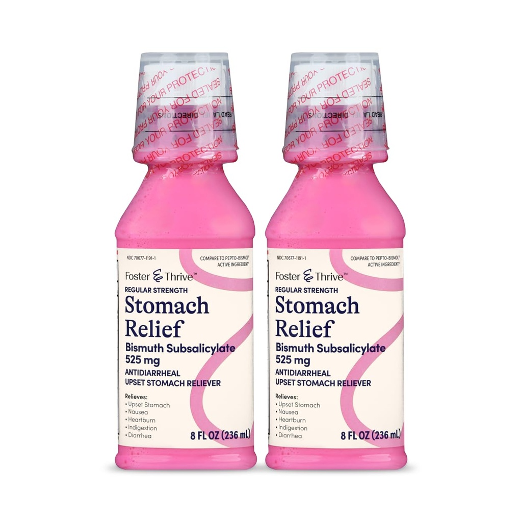 Foster & Thrive Stomach Relief Liquid for Nausea, Heartburn, Indigestion, Upset Stomach, Diarrhea - Fast Relief for 5 Symptoms, Antidiarrheal, Bismuth Subsalicylate 525 mg, Original, 8 oz (Pack of 2)