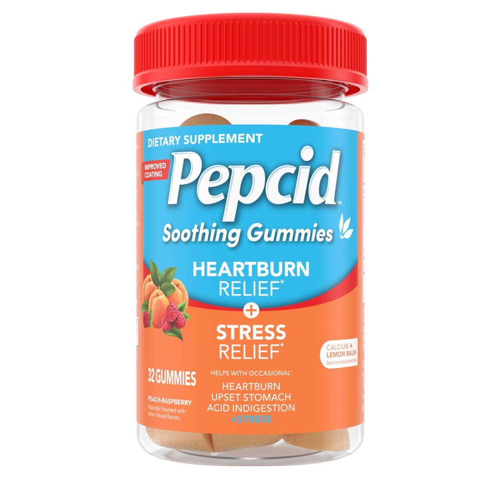Pepcid Soothing Antacid Gummies, Heartburn Relief + Stress Relief for Occasional Heartburn, Upset Stomach, and Acid Indigestion, with Lemon Balm Extract, Tricalcium Phosphate, Peach-Raspberry, 32 ct