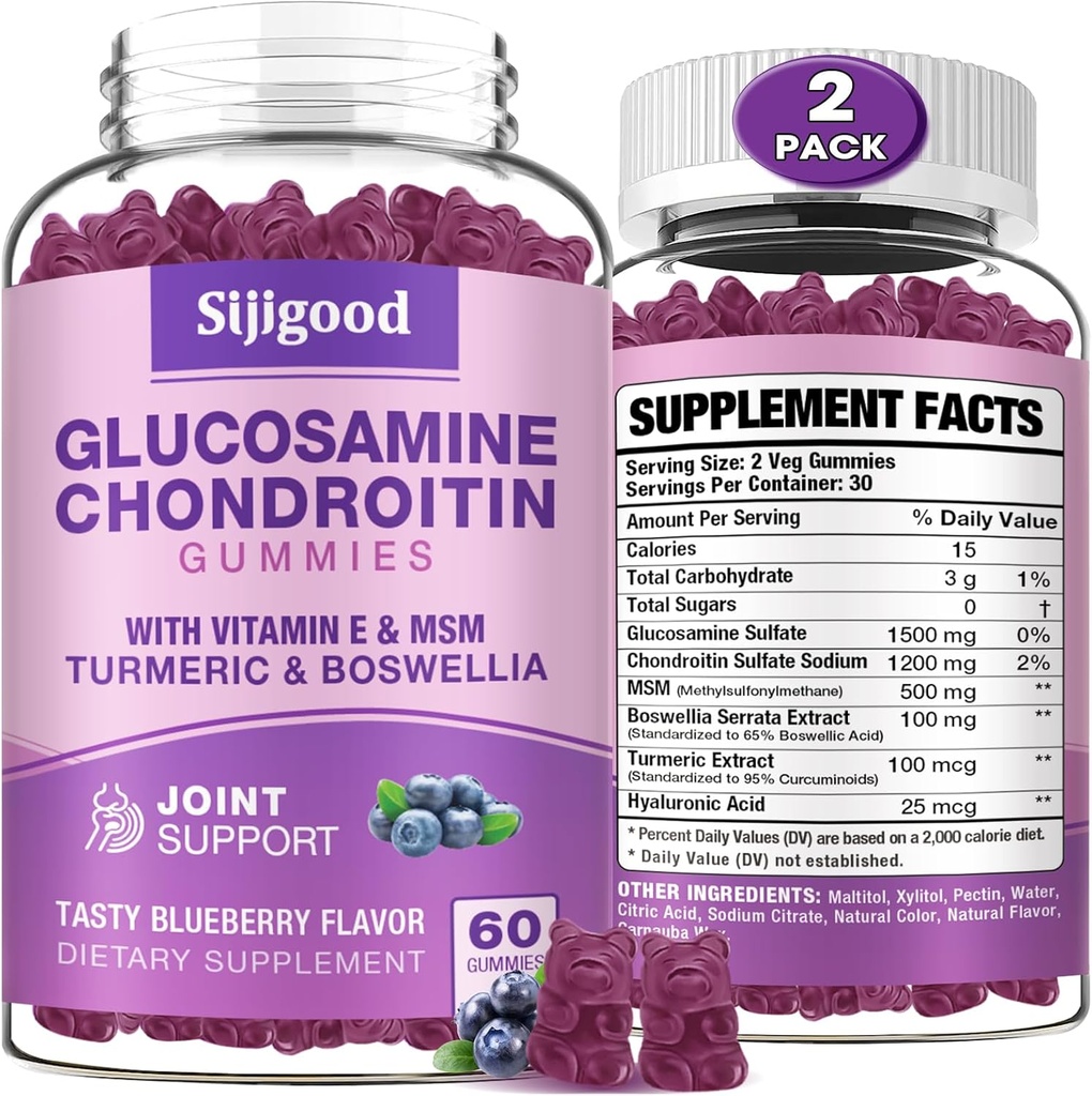 2 Συσκευασία Γλυκοζαμίνη Chondroitin Gummies, Extra Strength Glucosamine Chondroitin MSM with Elderberry & Turmeric, Κοινή Υγεία, Ευελιξία, Αντιοξειδωτικό, Ανοσοποιητικό για Ενήλικες-Blueberry Γεύση, 120 Gummies