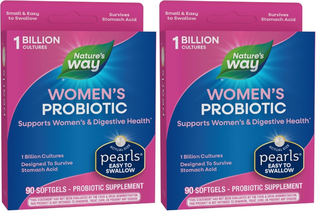 Nature's Way Women's Probiotic Pearls, Supports Women's and Digestive Health*, Protects Against Occasional Constipation & Bloating*, 1 Billion Live Cultures, 90 Softgels, (Pack of 2)