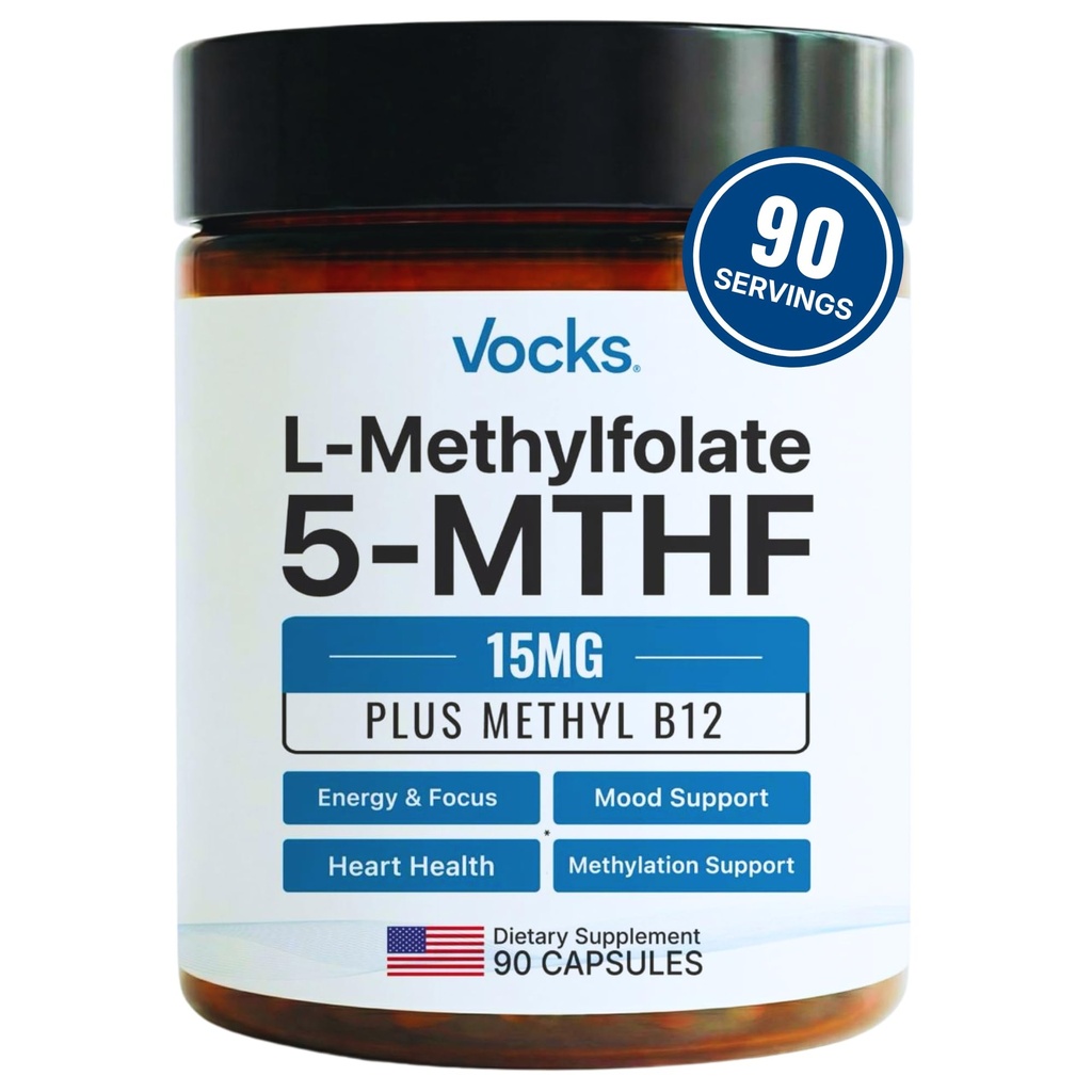 Vocks L Methylfolate 15mg 5-MTHF + Methyl B12 | High Potency Methylfolate Supplement | Active Methylated Folate Vitamin B9 | MTHFR Supplement| Folate Supplement for Women & Men | 90 Capsules