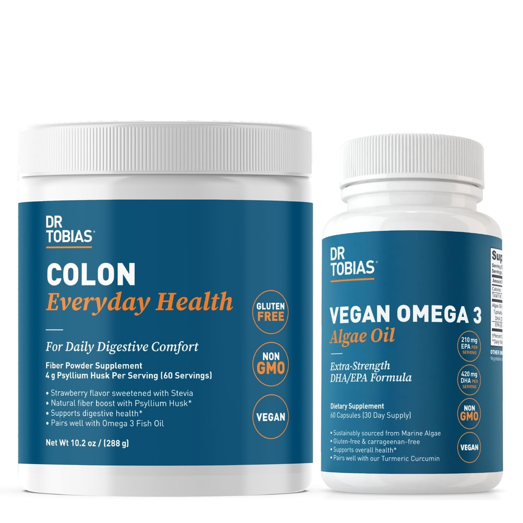 Dr. Tobias Colon Everyday Health & Vegan Omega 3 Algae Oil - Digestive Wellness and Daily Health Support with Psyllium Husk and DHA EPA Omega 3s, Vegan, Non-GMO
