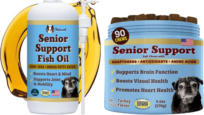 Natural Dog Company Senior Dog Bundle – Omega 3 Fish Oil Liquid 16oz & Senior Wellness Chews 90ct – Support Mobility, Brain, Heart & Eye Health with Turmeric, Salmon, Lion’s Mane & Omega-3s