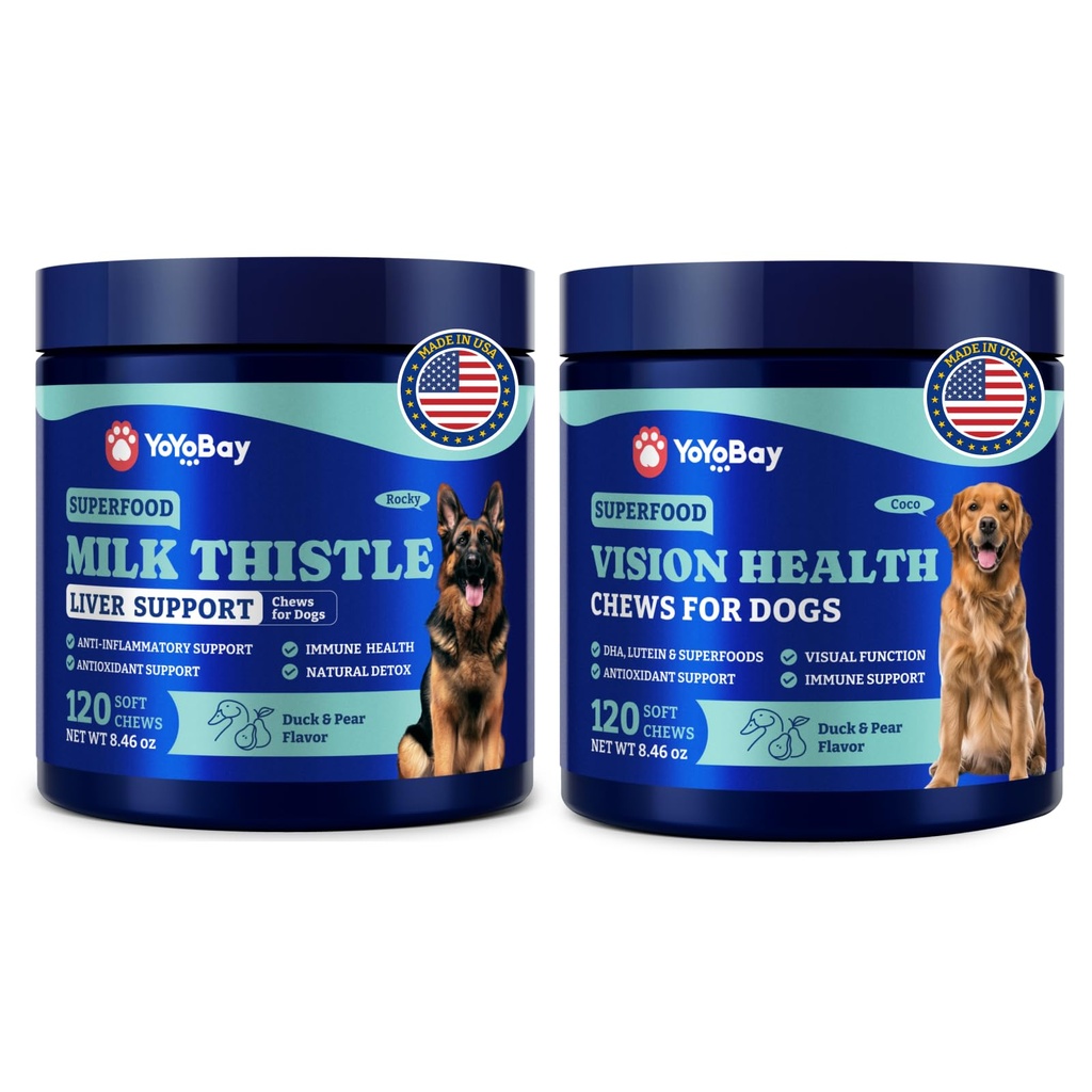 Dog Eye and Liver Wellness Bundle – Vision Support Chews with Antioxidants and Omega-3s Plus Milk Thistle Liver Detox Chews with NAC and Curcumin – Natural Daily Health Support for Dogs of All Breeds