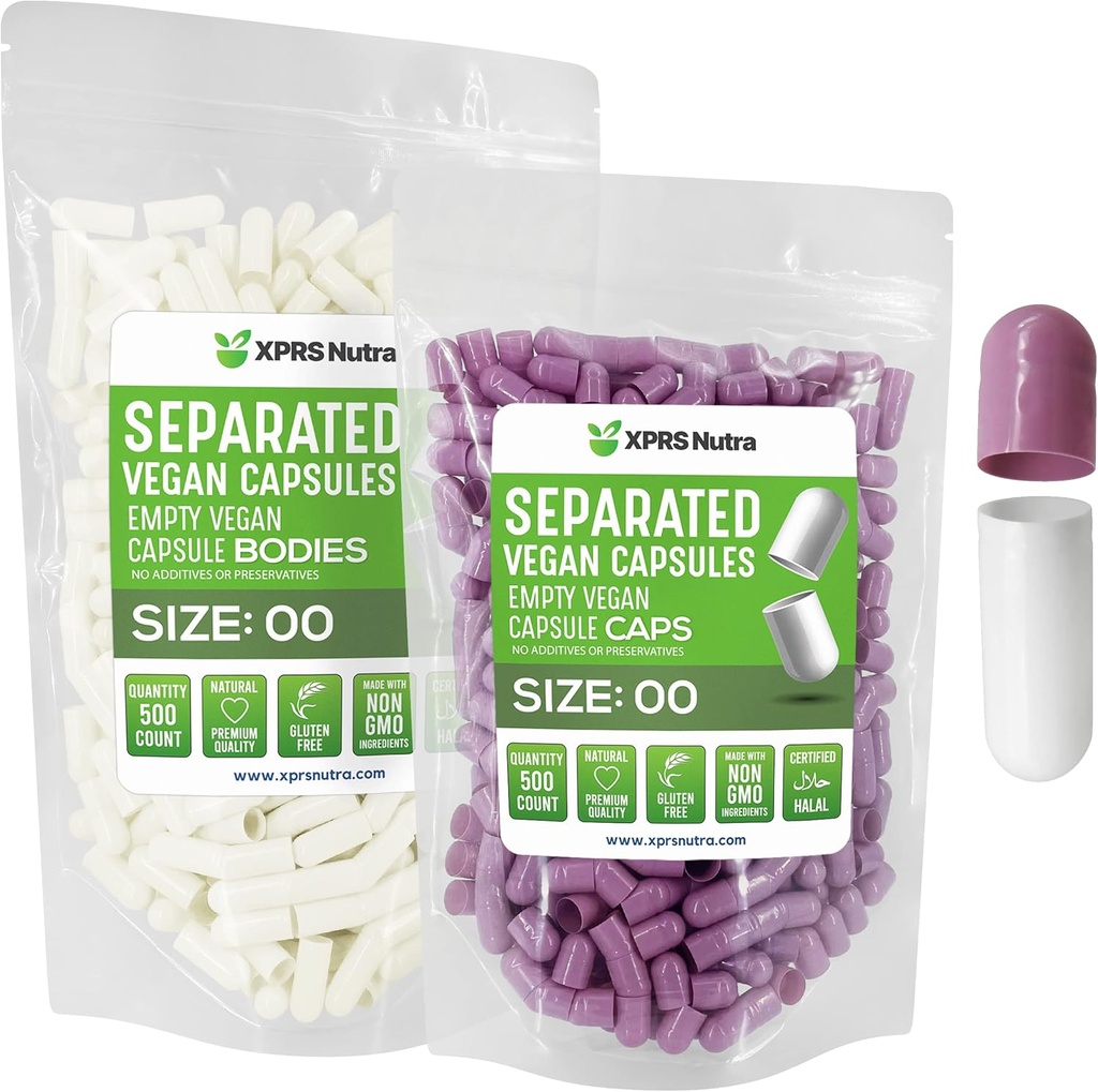 XPRS Nutra Vegan Μέγεθος 00 Χωριστές κάψουλες - 500 Count Premium Άδειες κάψουλες χωρίζονται σε τσάντες - 00 Χάπια Κενά για συμπλήρωση συμπληρώματος DIY (Lavender/White)