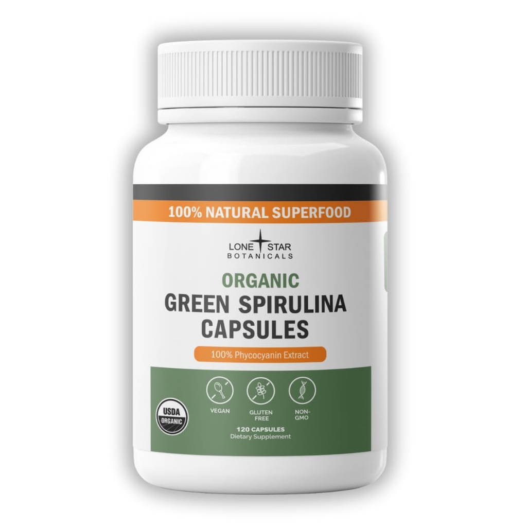 Lone Star Botanicals Organic Spirulina Capsules – 100% Pure Blue-Green Algae, No Fishy Smell, Superfood Supplement, Vegan, Non-GMO, Gluten-Free (120 Count, Green Spirulina)