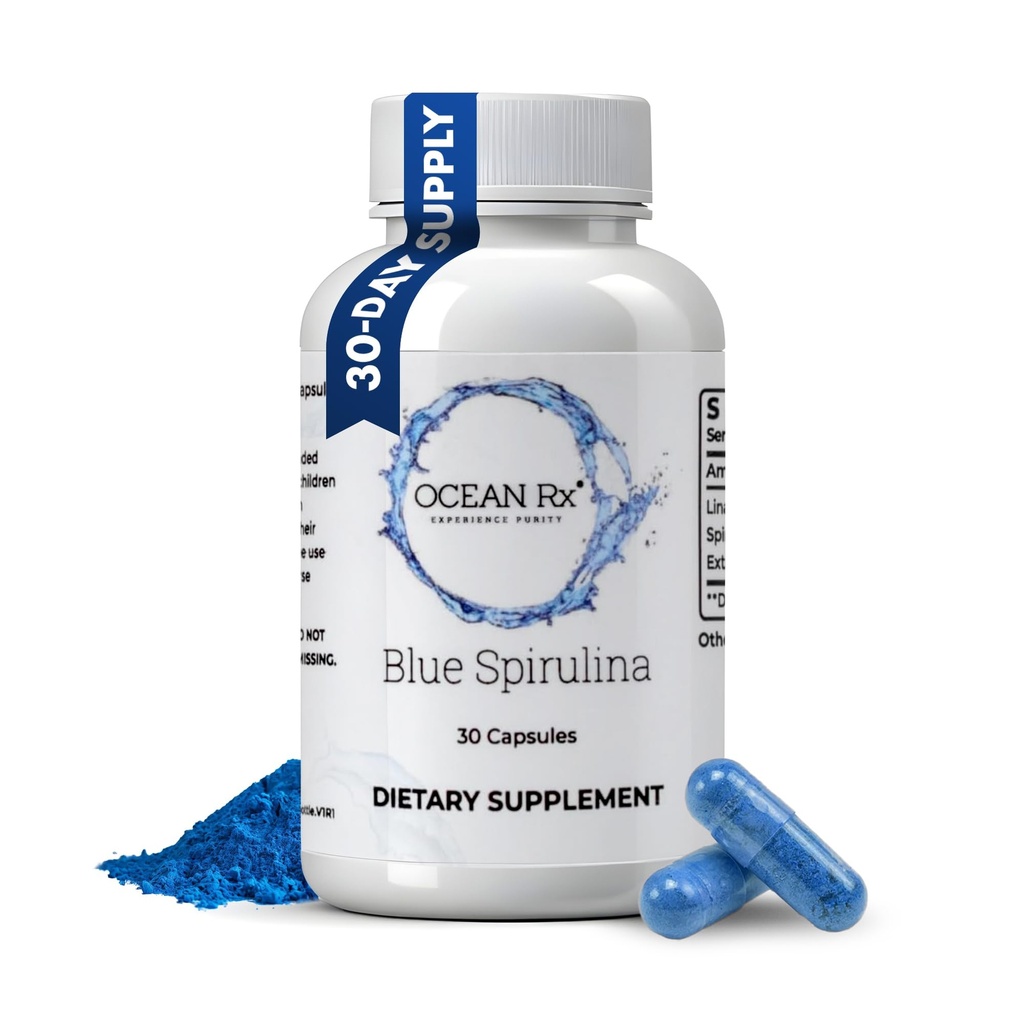 Organic Pure Blue Spirulina Capsules | Natural Superfood | Prebiotic Phycocyanin Supplement | Healty Skin, Oral Health, & Wound Recovery | 30 Serving Bottle