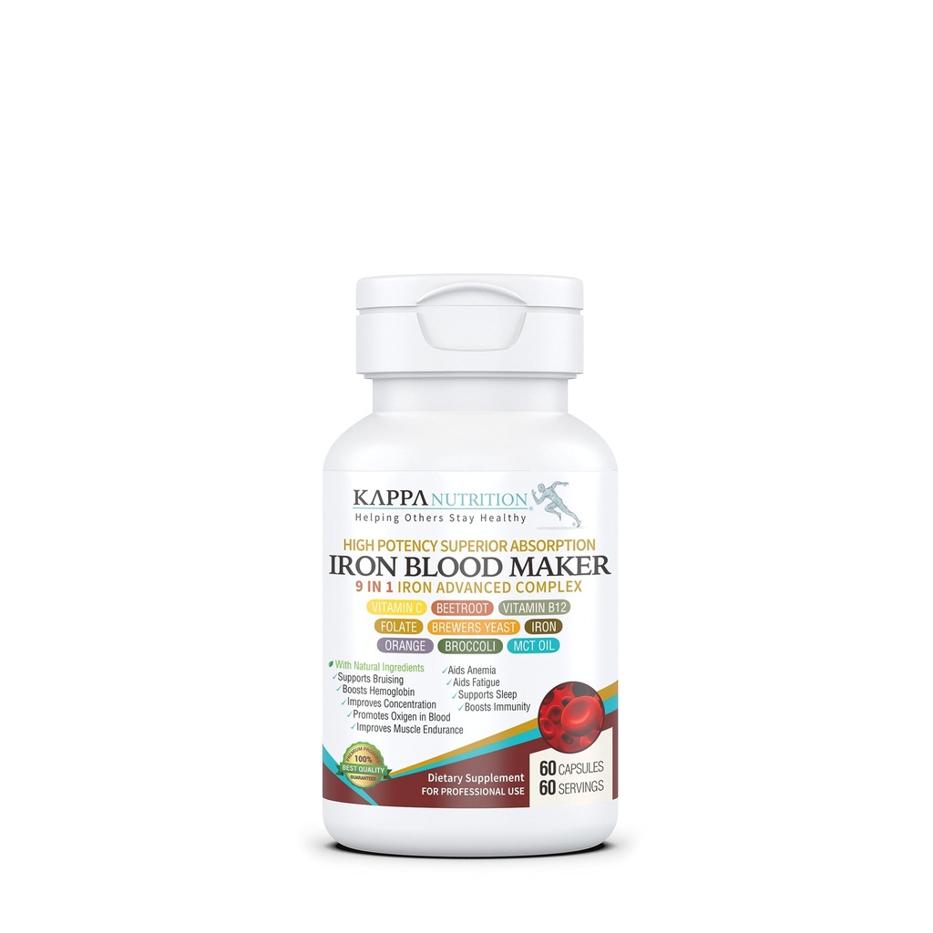 KAPPA NUTRITION Iron 26mg, Vitamin C & Orange 150mg, Folate 667mcg DFE, Vitamin B12, Beetroot, Brewers Yeast, Broccoli & MCT Oil 9 in 1 Advanced Complex (60 Capsules)
