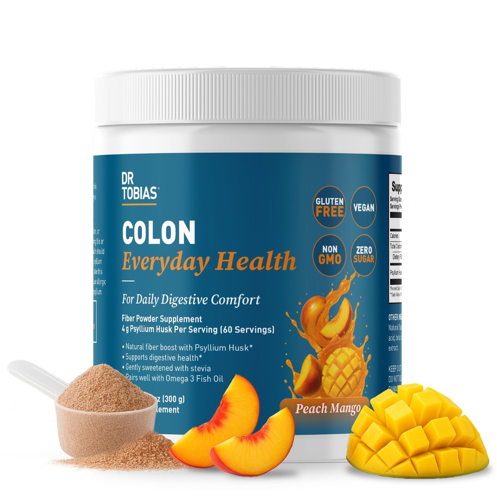 Dr. Tobias Colon Everyday Health - Gut Health for Women & Men - Psyllium Fiber Powder Drink with 4g Psyllium Husk Powder per Serving, Vegan, Gluten Free, Non-GMO, Peach Mango, 60 Servings