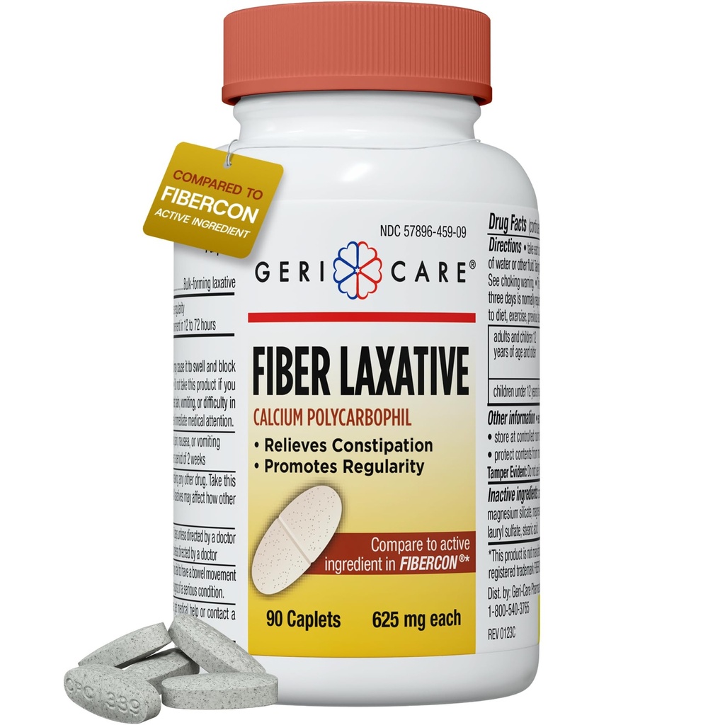 GeriCare Fiber Laxative - 625mg Calcium Polycarbophil Fiber Supplement for Women and Men - Gentle Effective OTC Relief for Constipation and Hemorrhoids - Insoluble Fiber Capsules (90 Count)
