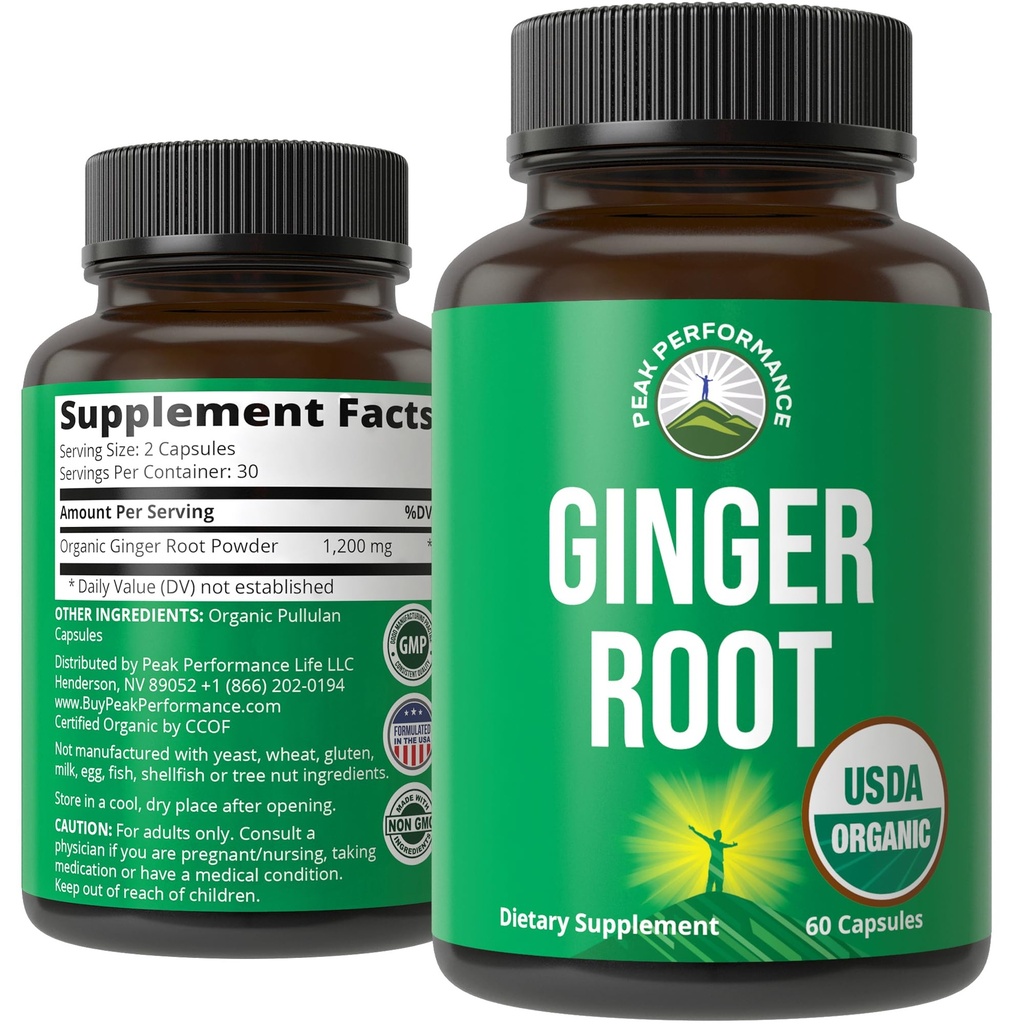 Peak Performance USDA Organic Ginger Root Capsules. Vegan Ginger Pills Supplement for Women & Men to Support Digestion, Occasional Nausea Relief, Gas & Bloat Support, and Gentle Stomach Comfort
