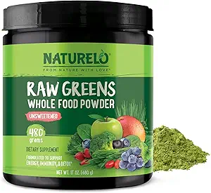 NATURELO Ακατέργαστα Πράσινα Superfood Powder - Μη γλυκαντικά - Ενισχύστε την ενέργεια, Detox, Βελτιώστε την υγεία - Βιολογική Spirulina - Σιτάρι Grass - Ολόκληρη διατροφή τροφίμων από φρούτα & λαχανικά - 480 γραμμάρια