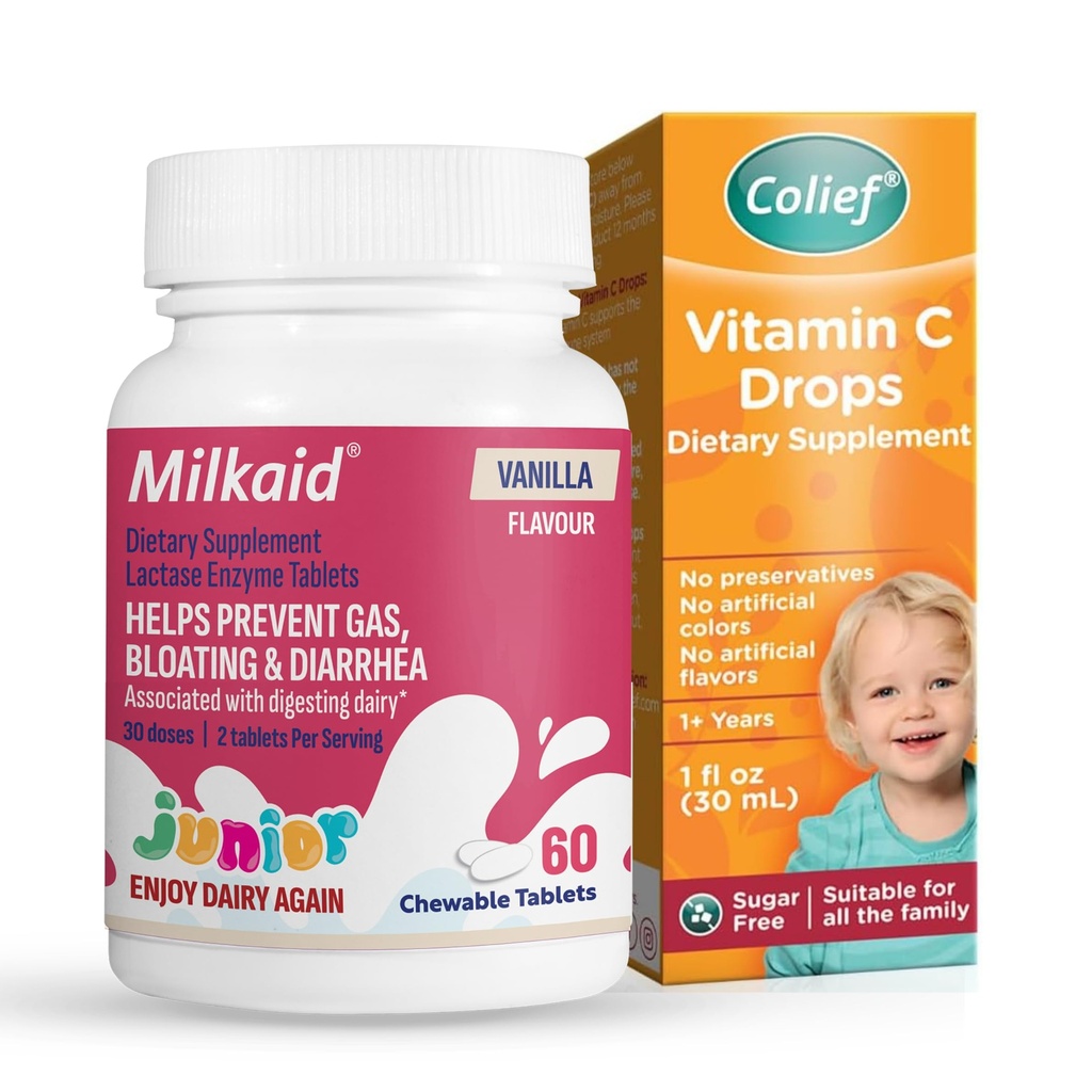 Milkaid Junior Lactase Enzyme Tablets Vanilla 60 Chewables + Colief Vitamin C Drops 30ml – Kids Digestive Support & Immune Health Bundle (Ages 1+)