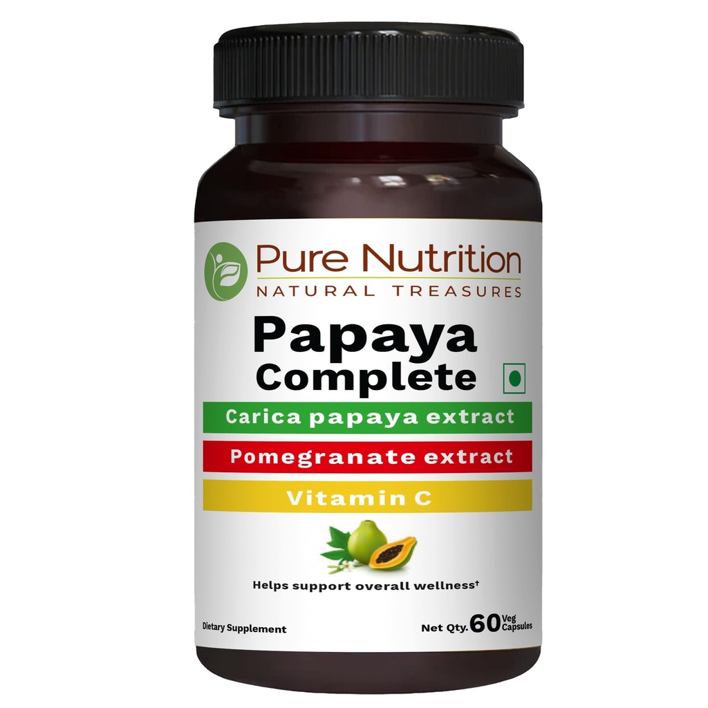 Pure Nutrition Papaya Complete - 60 Veg Capses (Supports Platelet Immunity & Digestion) Κάθε κάψουλα περιέχει 500mg Carica Papaya Fruit and Leaf Extract. Χωρίς γλουτένη
