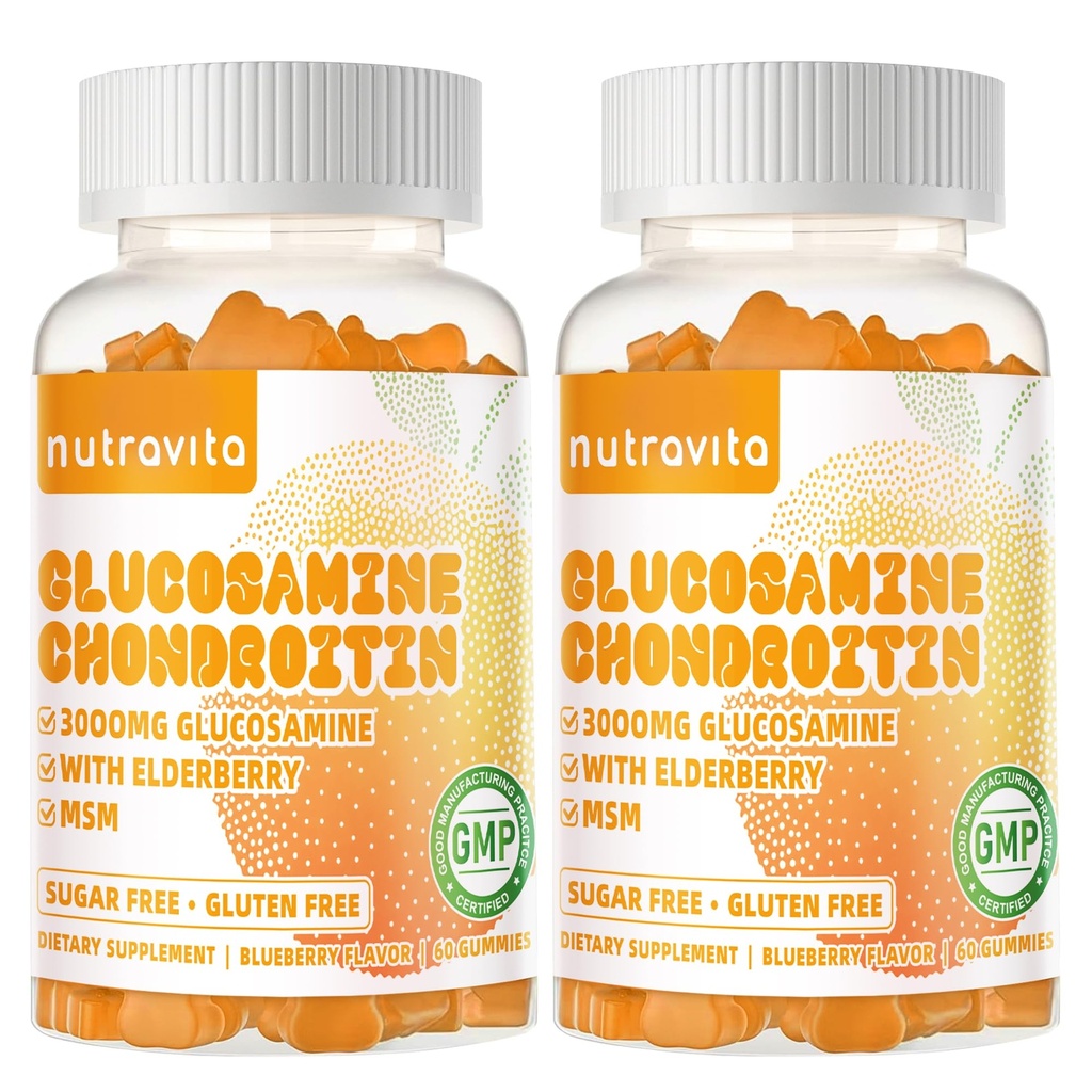 Nutravita Glucosamine Chondroitin Gummies with MSM & Elderberry Extra Strength - Joint Support, Antioxidant Immune Support Supplement for Adults, Men & Women.120 Orange Chews