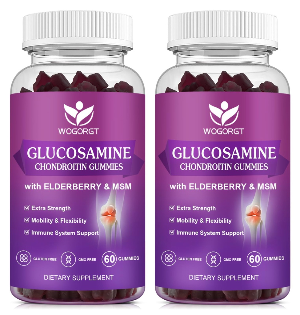 WOGORGT Glucosamine Chondroitin Gummies for Women & Men - 1500mg Glucosamine Chondroitin with MSM & Elderberry - Flexibility & Immune Support - 60 Gummies (2 Pack)