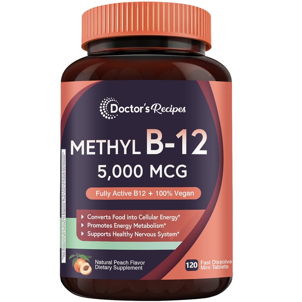 Doctor's Recipes Vitamin B12 Sublingual, Methylcobalamin 5000 mcg 120 Fast Dissolve Tablets, Natural Peach Flavor, Vegan Methyl, Energy Metabolism & Nervous System