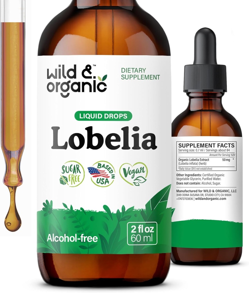 Wild & Organic Lobelia Βάμμα - Herbal Lung Cleanse and Detox - Υγρή Lobelia Extract συμπλήρωμα - Vegan, Ζάχαρη & Αλκοόλ-Free Herb Drops - 2 fl oz