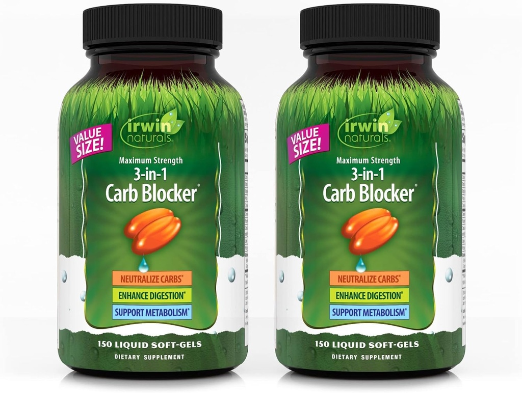 Irwin Naturals Maximum Strength 3-in-1 Carb Blocker - Neutralize Carbohydrates, Aids Digestion and Metabolism Booster - White Kidney Bean Extract + Chromium + Enzyme Blend - 150 Soft-Gels - 2 Pack