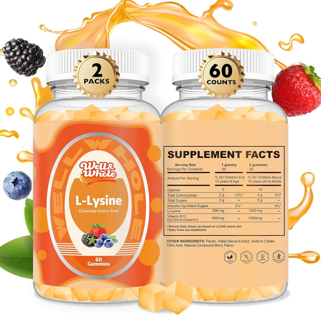 L-Lysine Gummies 1000mg - L-Lysine Συμπληρώματα για τα παιδιά και τους ενήλικες - Lip and Cold Sore* Υποστήριξη για τις γυναίκες - Chewable Lysine Gummies with Vitamin B12 - Vegan, Non GMO, Gluten-free, 120 Μετρητές