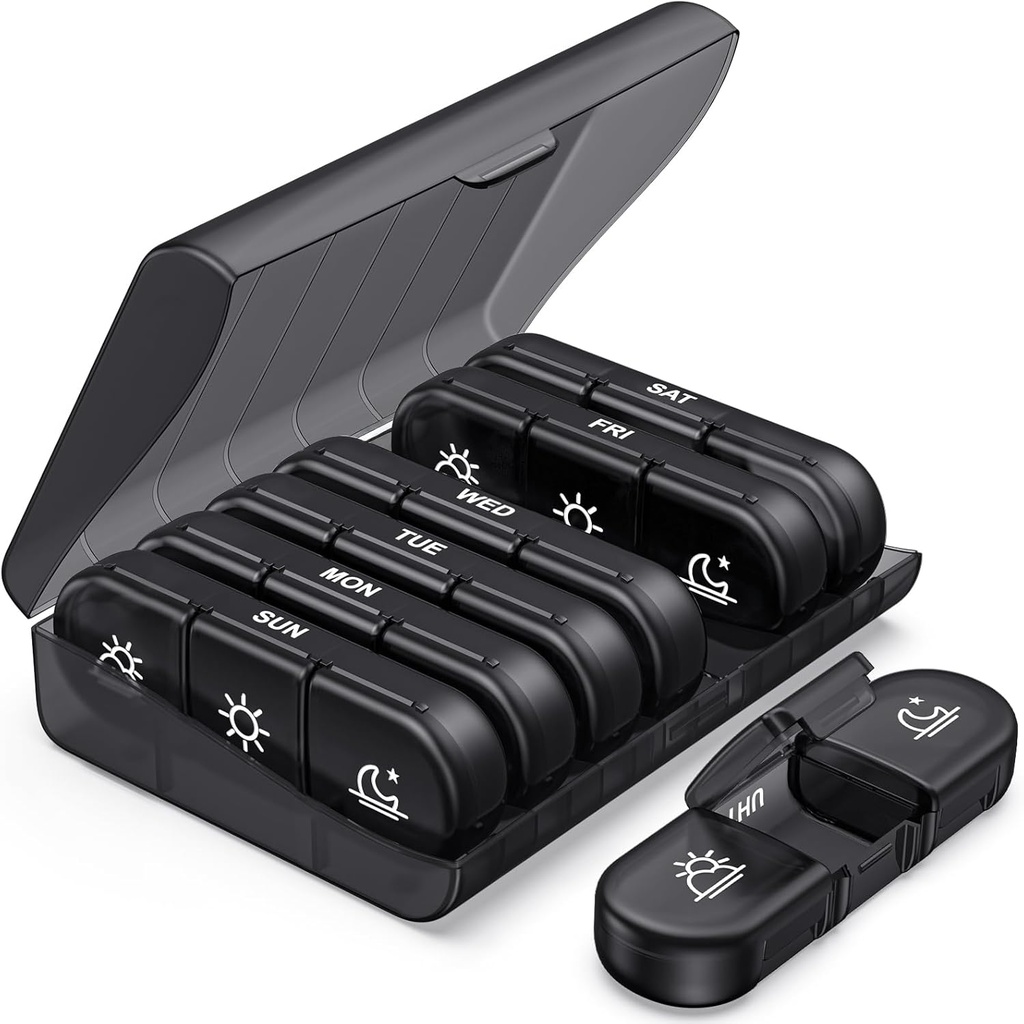 PULIV Weekly Pill Organizer 3 φορές την ημέρα, Portable Travel Pill Box 7 Day with Large Pill Containers, Light-Proof Pill Case for Vitamins, Medication, Συμπληρώματα και ιχθυέλαια (Μαύρο)