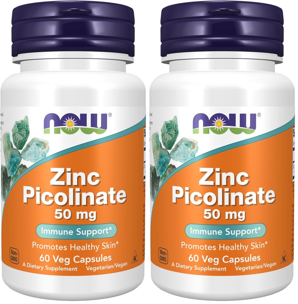 NOW Supplements, Zinc Picolinate 50 mg, Supports Enzyme Functions*, Immune Support*, 60 Veg Capsules (Pack of 2)