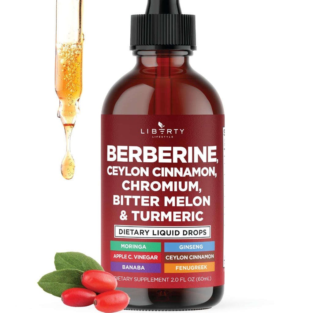 Berberine with Ceylon Cinnamon Supplement Liquid Drops + Bitter Melon Extract, Glucomannan, Gymnema, Chromium, Turmeric, Panax Ginseng, Moringa- 2 OZ